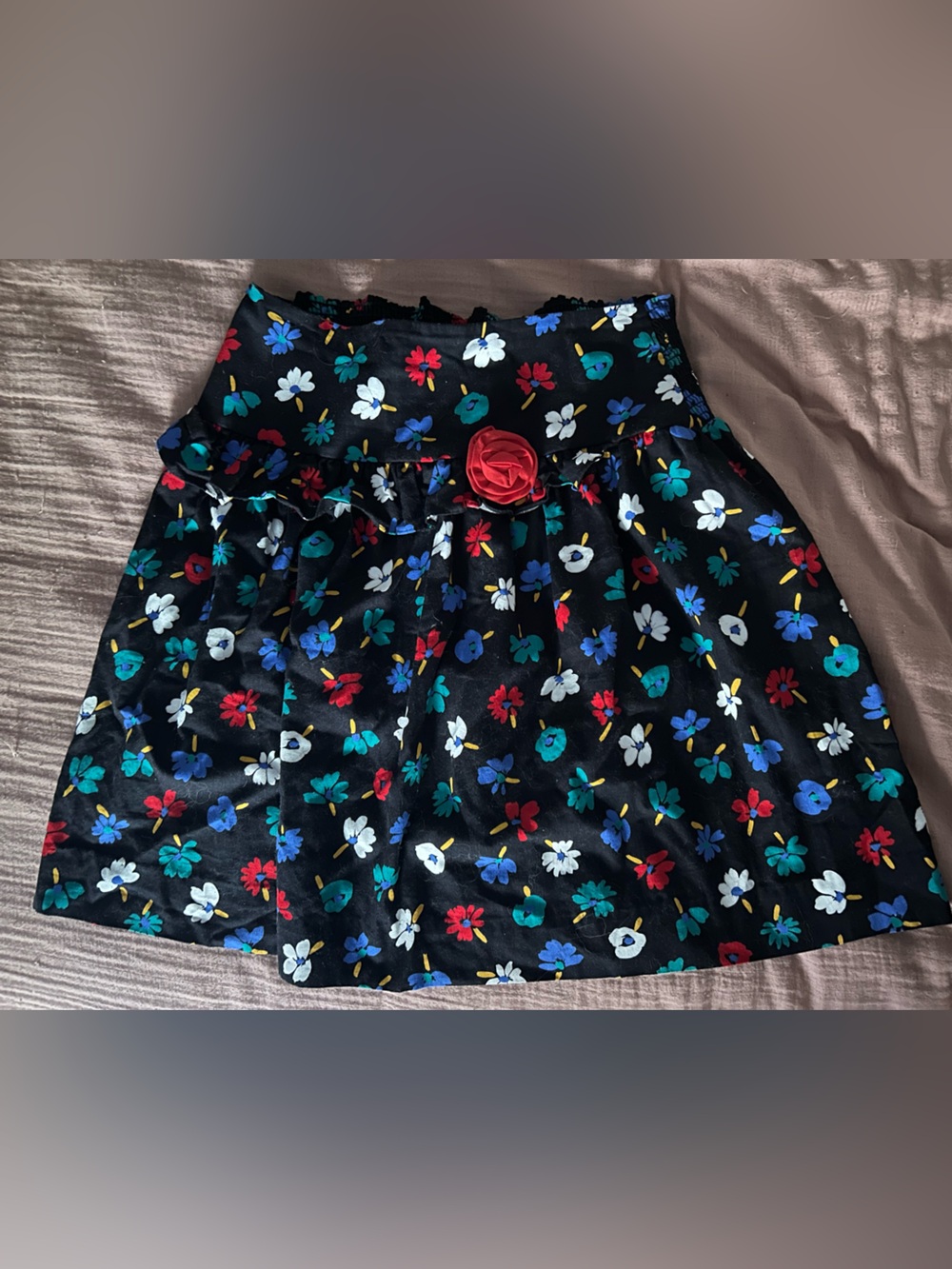 Vintage 80s Black Floral A-Line Skirt with Red Rose Accent
